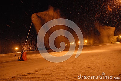 Snow cannons producing snow on slopes. Editorial Stock Photo